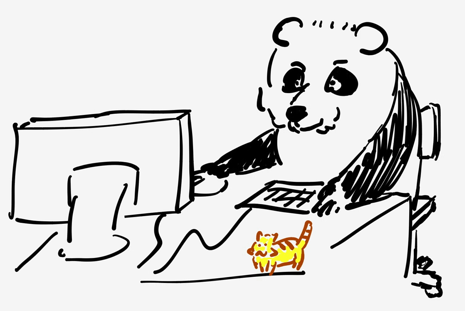 A sketch of a panda using a computer. There is a tiny tiger on the desk.