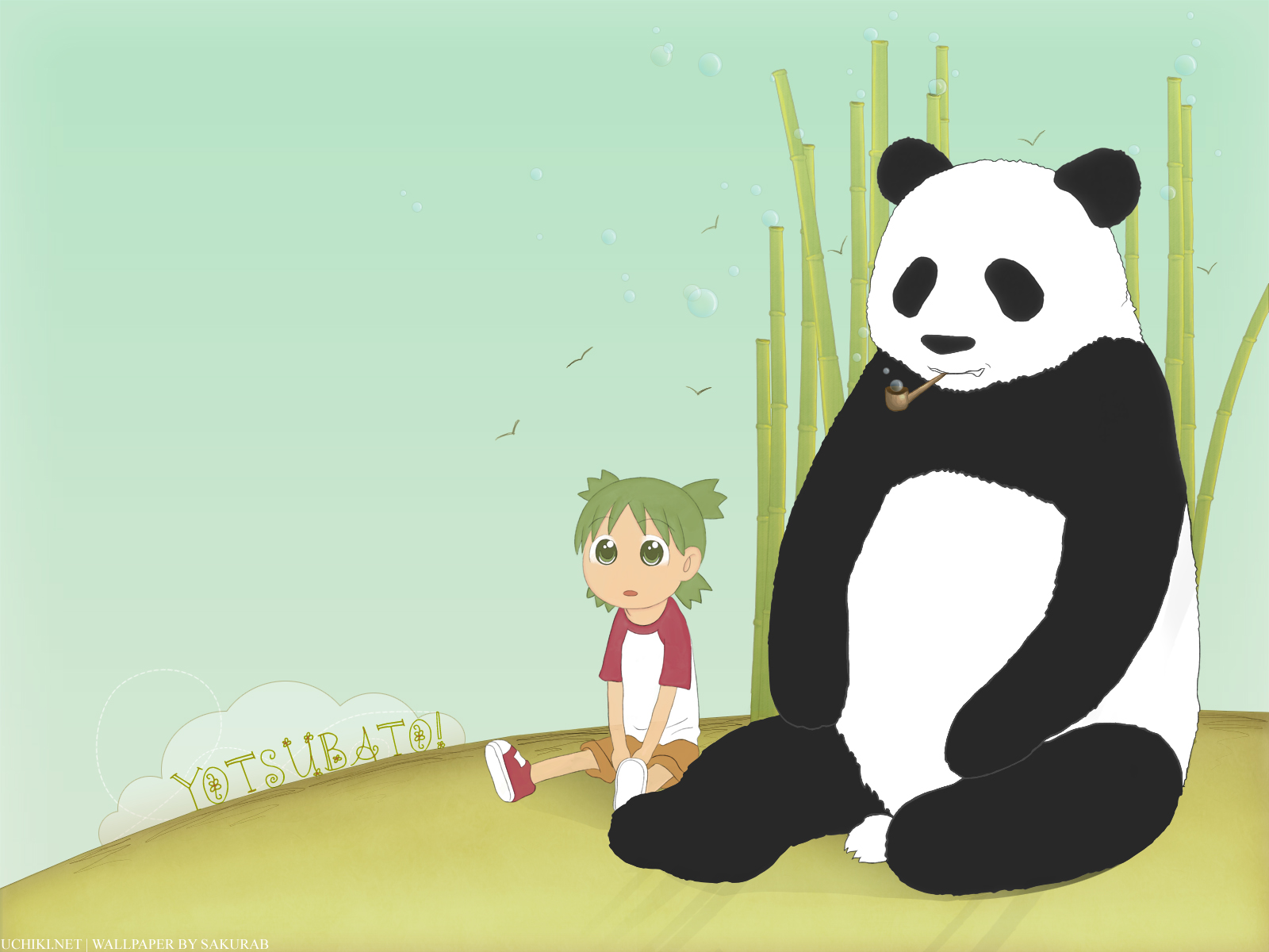 A green-haired girl sitting next to a panda